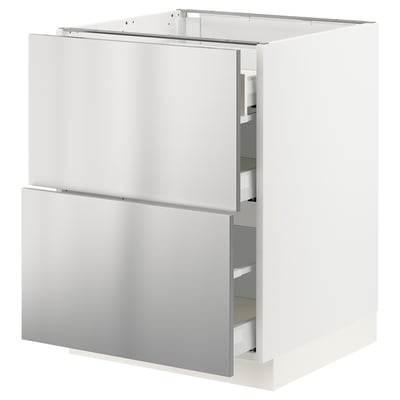 SEKTION / MAXIMERA Base cab with 2 fronts/3 drawers, white/Nogsta stainless steel, 61x61x76 cm