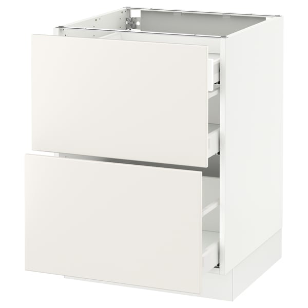 Displays a white SEKTION kitchen cabinet with drawers, featuring a sleek modern design with a smooth, glossy finish.