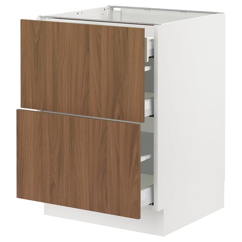 SEKTION kitchen cabinet in white with walnut tistorp fronts, featuring two full-extension drawers with smooth, soft-close functionality.