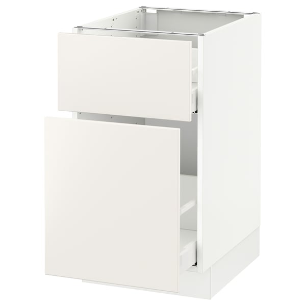 A white SEKTION kitchen cabinet with a smooth finish and open drawers.