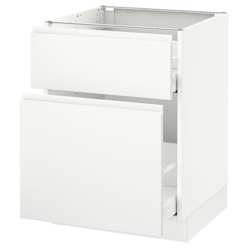 A white, modern kitchen cabinet from IKEAs SEKTION line, featuring a sleek, minimalist design with integrated handles.