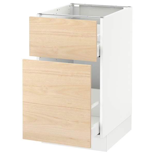 A white SEKTION cabinet with light ash wood-patterned drawers, featuring two open drawers and a sturdy frame.