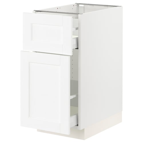 A white SEKTION kitchen cabinet with two doors and a drawer, featuring a classic design with a sturdy frame and smooth-grained finish.