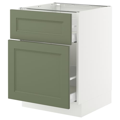 SEKTION kitchen cabinet in greenish-gray with two drawers, white base. Modern, sleek design.