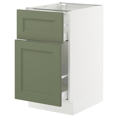 Green kitchen cabinet with two drawers, one small and one larger, in a modern design.