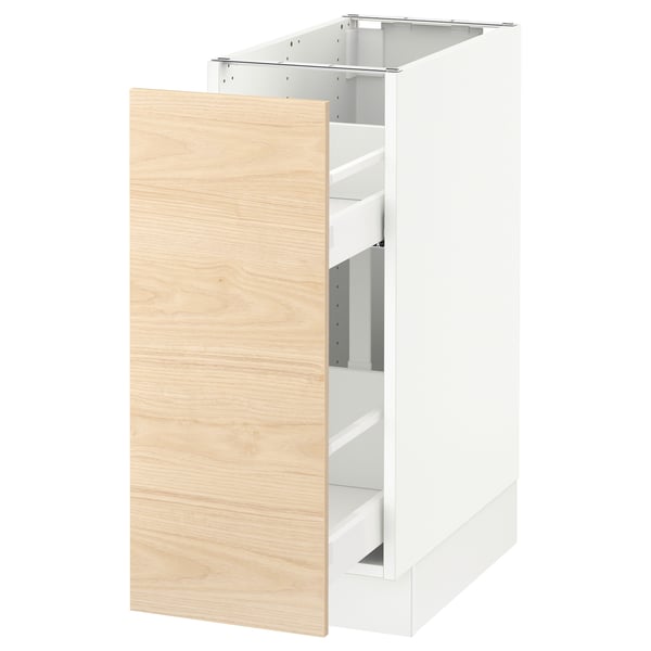 An ikea SEKTION white kitchen cabinet with a light ash wood door, featuring a pull-out shelf and sturdy construction.