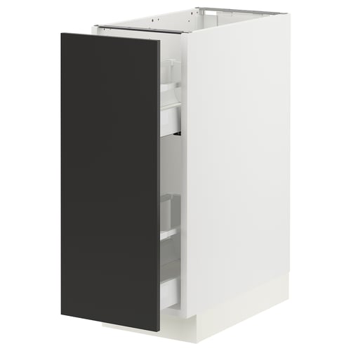A white SEKTION kitchen cabinet with a black nickebo door, featuring a pull-out mechanism and sleek, modern design.
