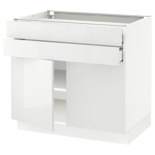 White high-gloss kitchen cabinet with single drawer and open shelf.