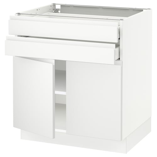 This image shows a white ikea SEKTION kitchen cabinet with a modern design, featuring a pull-out drawer and an adjustable shelf.