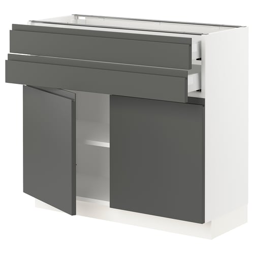 SEKTION kitchen unit in dark grey with handles and white base.