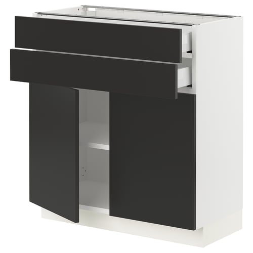 Modern kitchen cabinet in black and white, featuring sleek design with two drawers and one open shelf, made of recycled plastic and particle board.