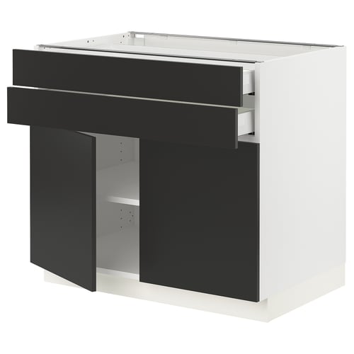 Modern black ikea SEKTION kitchen cabinet with adjustable shelves and drawers.