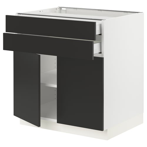 Modern black-white kitchen cabinet with drawers and shelves.