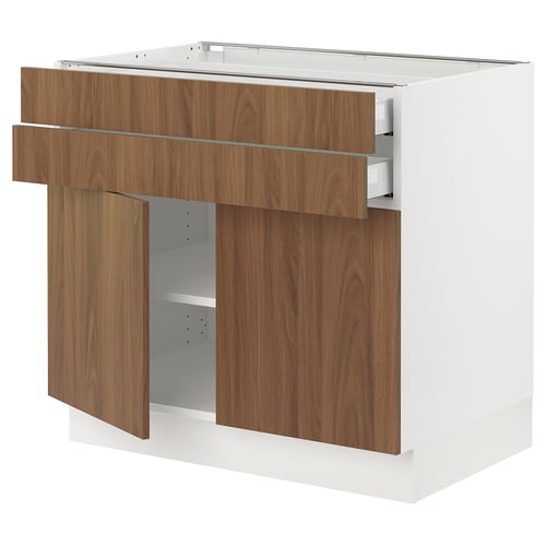Modern kitchen cabinet with walnut finish, featuring multiple drawers and adjustable shelves.