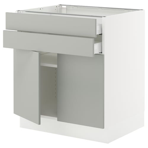 Ikea SEKTION kitchen cabinet, light grey, metal and particleboard, rectangular, modern, clean design, two open drawers.