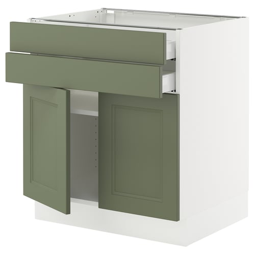 Modern kitchen: SEKTION with green-gray axstad, smooth close drawers, white base, metallic handles.