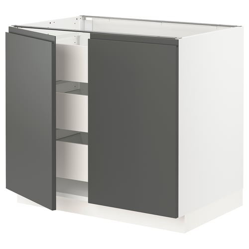 Modern grey kitchen cabinet with sleek design, three shelves, and integrated handles.