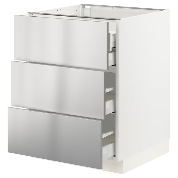 SEKTION / MAXIMERA Base cabinet w 3 fronts/4 drawers, white/Nogsta stainless steel, 61x61x76 cm