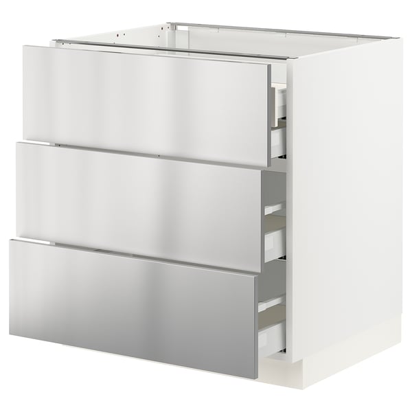SEKTION / MAXIMERA Base cabinet w 3 fronts/4 drawers, white/Nogsta stainless steel, 76x61x76 cm