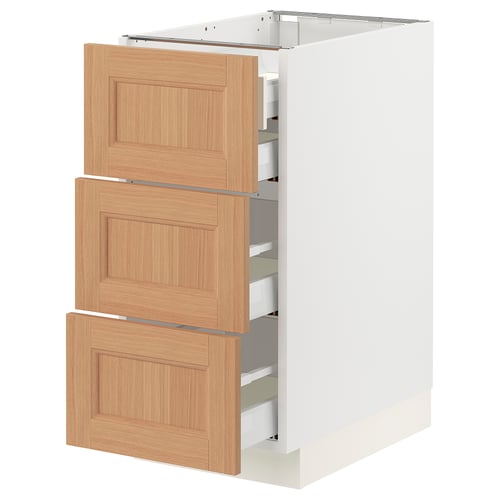 SEKTION kitchen cabinet, white and oak, three-drawer design, sleek and modern aesthetic.