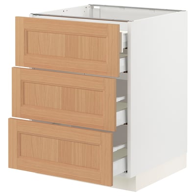 SEKTION / MAXIMERA Base cabinet w 3 fronts/4 drawers, white/Vedhamn oak, 61x61x76 cm
