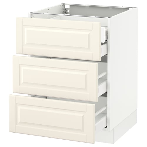 A white ikea SEKTION kitchen cabinet with off-white bodbyn drawer fronts and three open full-extension drawers.