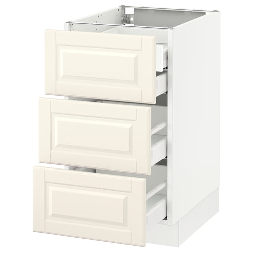 White SEKTION kitchen cabinet with three open drawers, off-white, smooth edges, modern traditional design.