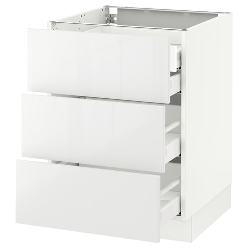 Modern white glossy kitchen unit with three drawers.