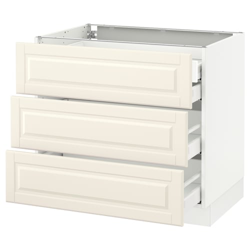 SEKTION kitchen cabinet, white, 3 drawers, bevelled edges, open top showing metal runners.