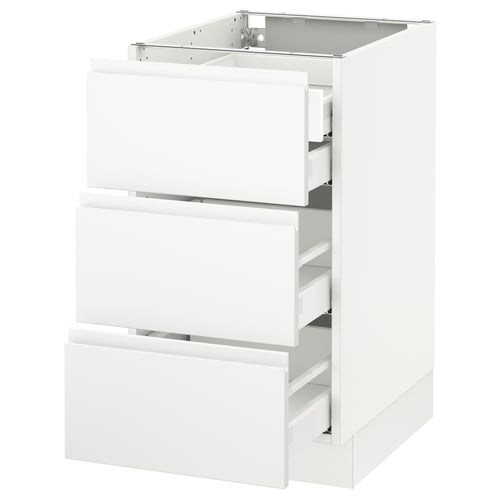 An ikea SEKTION white kitchen cabinet with three drawers. The design is sleek and modern with integrated handles.