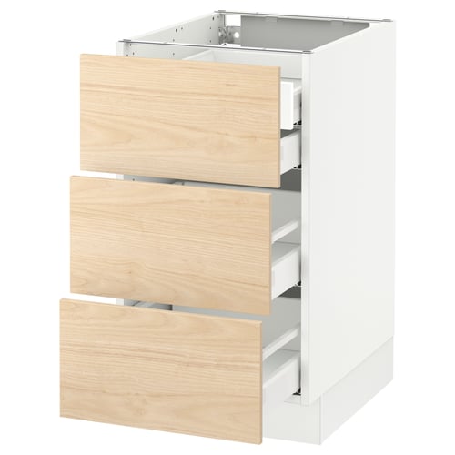 SEKTION kitchen unit in white with light wood drawers, modern design, three large drawers.