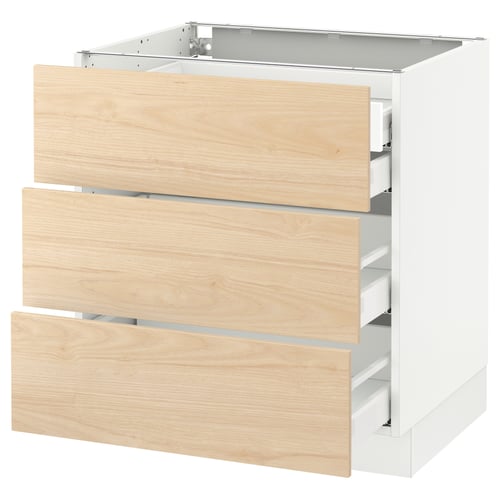 SEKTION kitchen cabinet in light ash wood, three drawers, white frame.