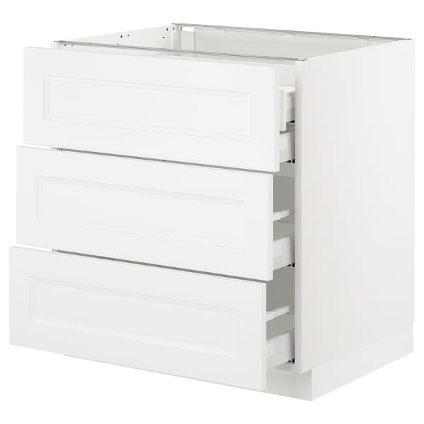White SEKTION kitchen cabinet with three full-extension drawers, sleek and modern design.