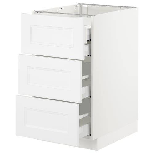 White SEKTION kitchen cabinet with 3 drawers, sleek modern design.