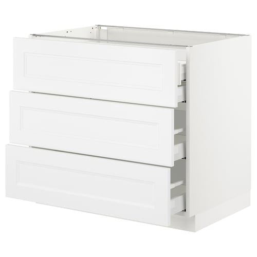 White SEKTION kitchen cabinet with 3 drawers, open shelf, silver handles.