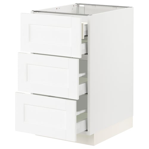 Ikea SEKTION white kitchen cabinet with three drawers, rectangular shape, smooth fronts.