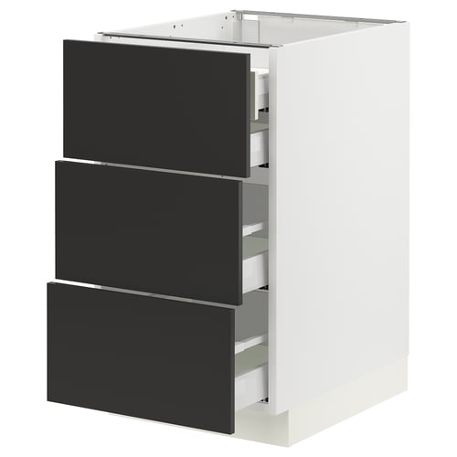 White and black kitchen drawers, modern, vertical, three full-extension.
