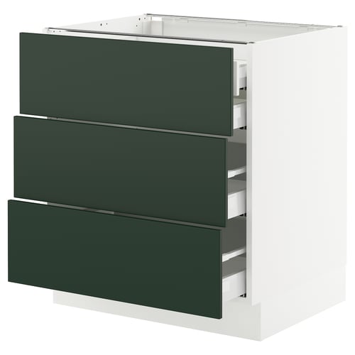 SEKTION kitchen cabinet in green with three drawers, white frame, modern design.