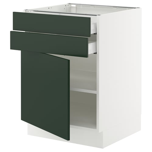 SEKTION kitchen cabinet with dark green drawers and door, white body, three shelves, modern design.