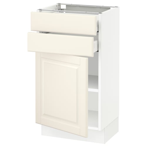 SEKTION off-white kitchen cabinet with drawers, featuring bevelled edges and adjustable shelves.