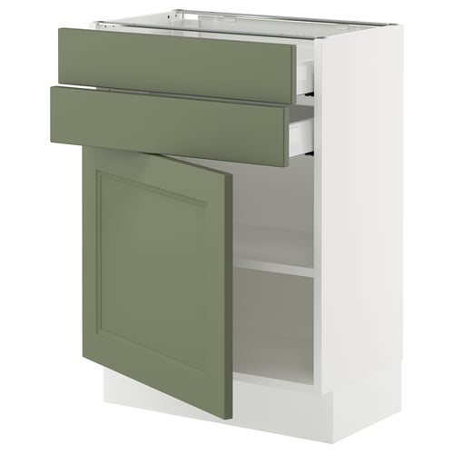 SEKTION kitchen unit: gray-green drawer & door, white cabinet, adjustable shelves.