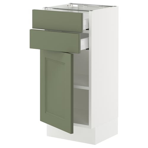 SEKTION kitchen cabinet in grey-green with adjustable shelves and soft-closing door.