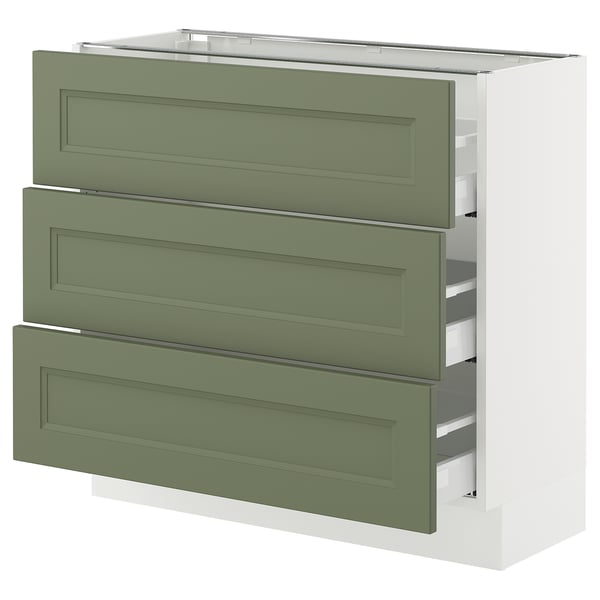 SEKTION / MAXIMERA Base cabinet with 3 drawers, white/Axstad grey-green, 91x37x76 cm