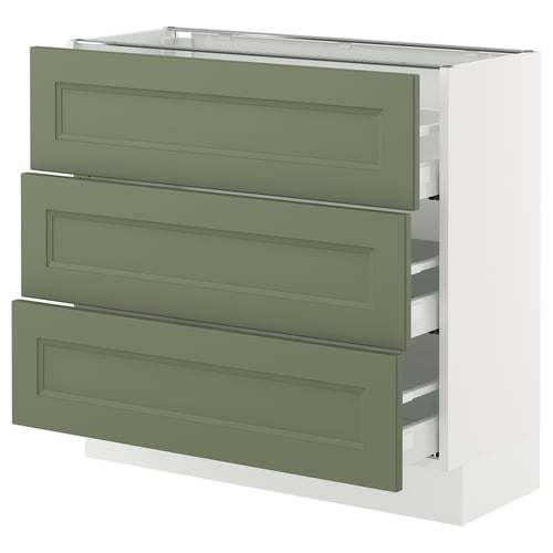 SEKTION kitchen cabinet with three green drawers and white frame.