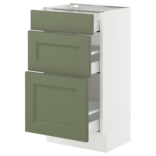 Ikea SEKTION kitchen cabinet with green axstad drawers. Soft green, modern design, full-extension drawers.