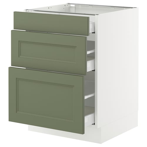 An ikea SEKTION kitchen cabinet with three green drawers and white cabinet frame.