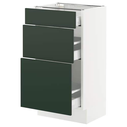 An ikea SEKTION kitchen cabinet with three green drawers and a white frame. It a sleek, modern design.