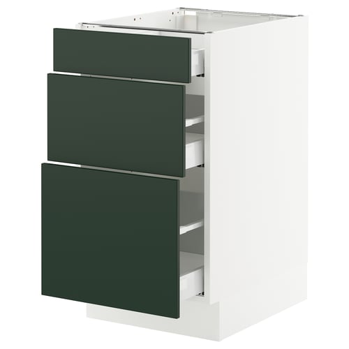 This image shows a white SEKTION kitchen cabinet with three green drawers.