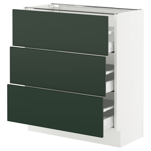 SEKTION / MAXIMERA Base cabinet with 3 drawers, white/Havstorp deep green, 76x37x76 cm
