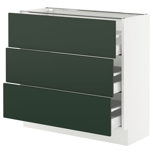 Displays a green ikea SEKTION kitchen cabinet with three drawers. It stands vertically with a sleek, modern design.